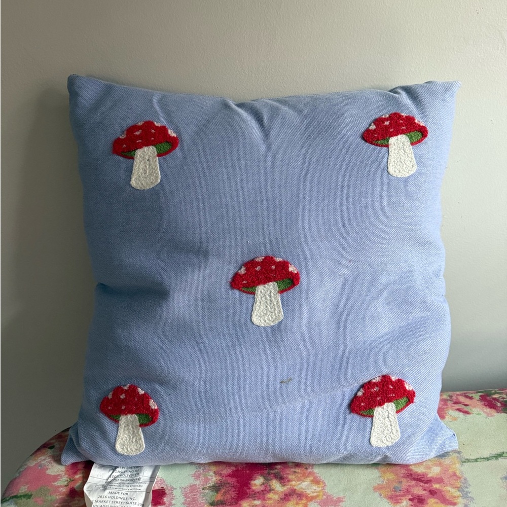 Blue Pillow with Red Mushroom Embroidery